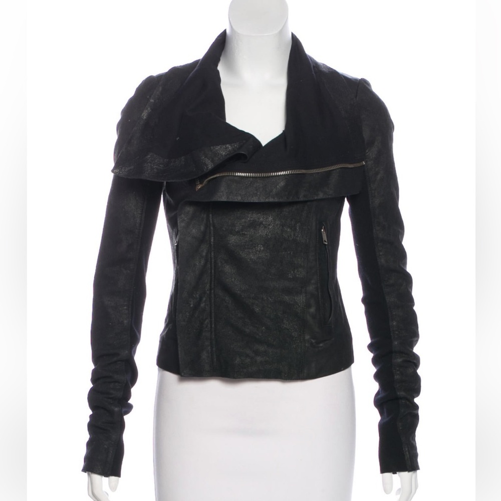 Rick Owens Black Draped Asymmetrical Leather Jacket